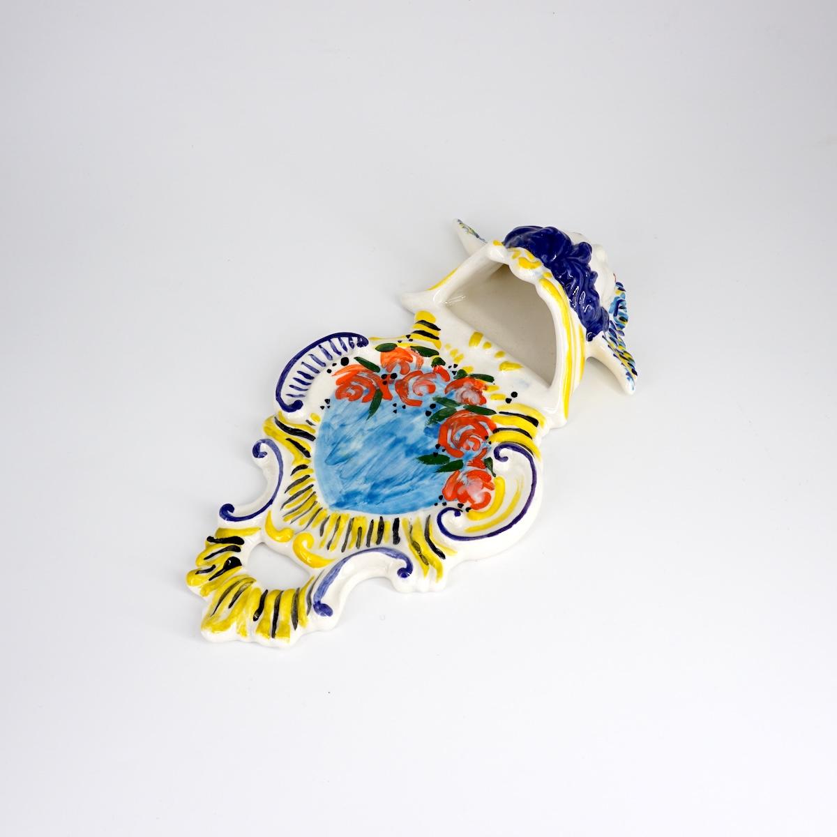 ZENJI CERAMICS ACQUASANTIERA BIG ANGELOGIALLO E BLU CAPELLI BLU E CUORI