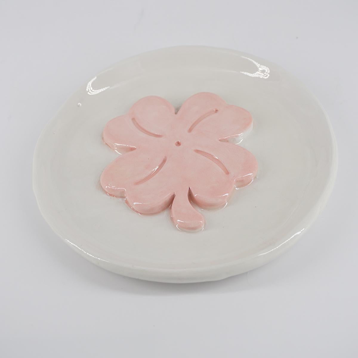 Ceramic plate PINK FOUR-LEAF CLOVER