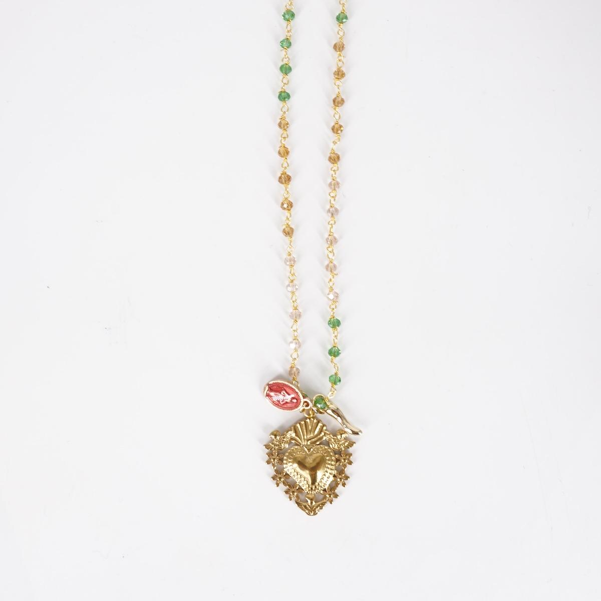 SOPHIE GIOIELLI ROSARIO CORTO TRE CHARMSEX VOTO FIORI CORNO ORO MADONNA ROSA