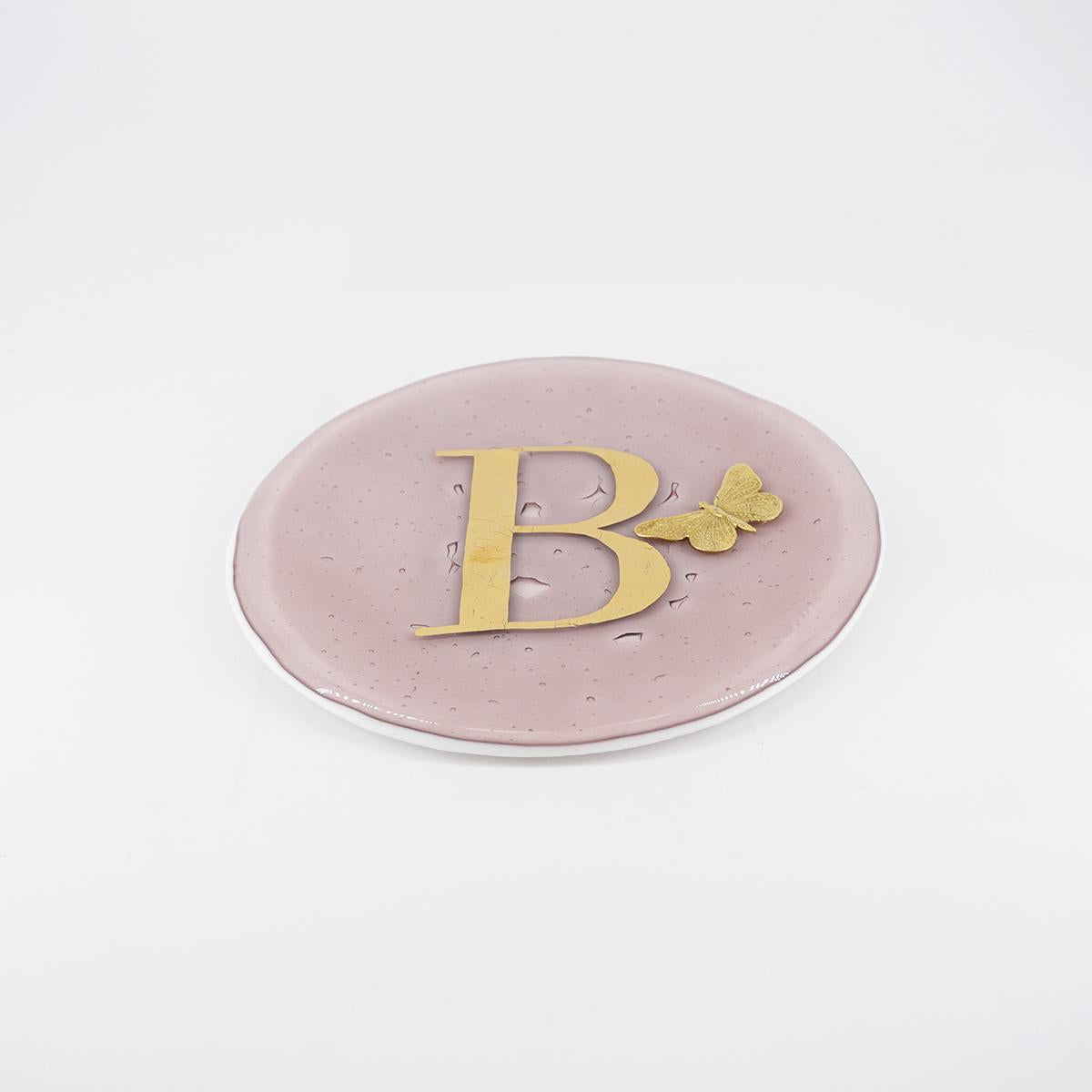 Piatto lettera e charm B ROSA