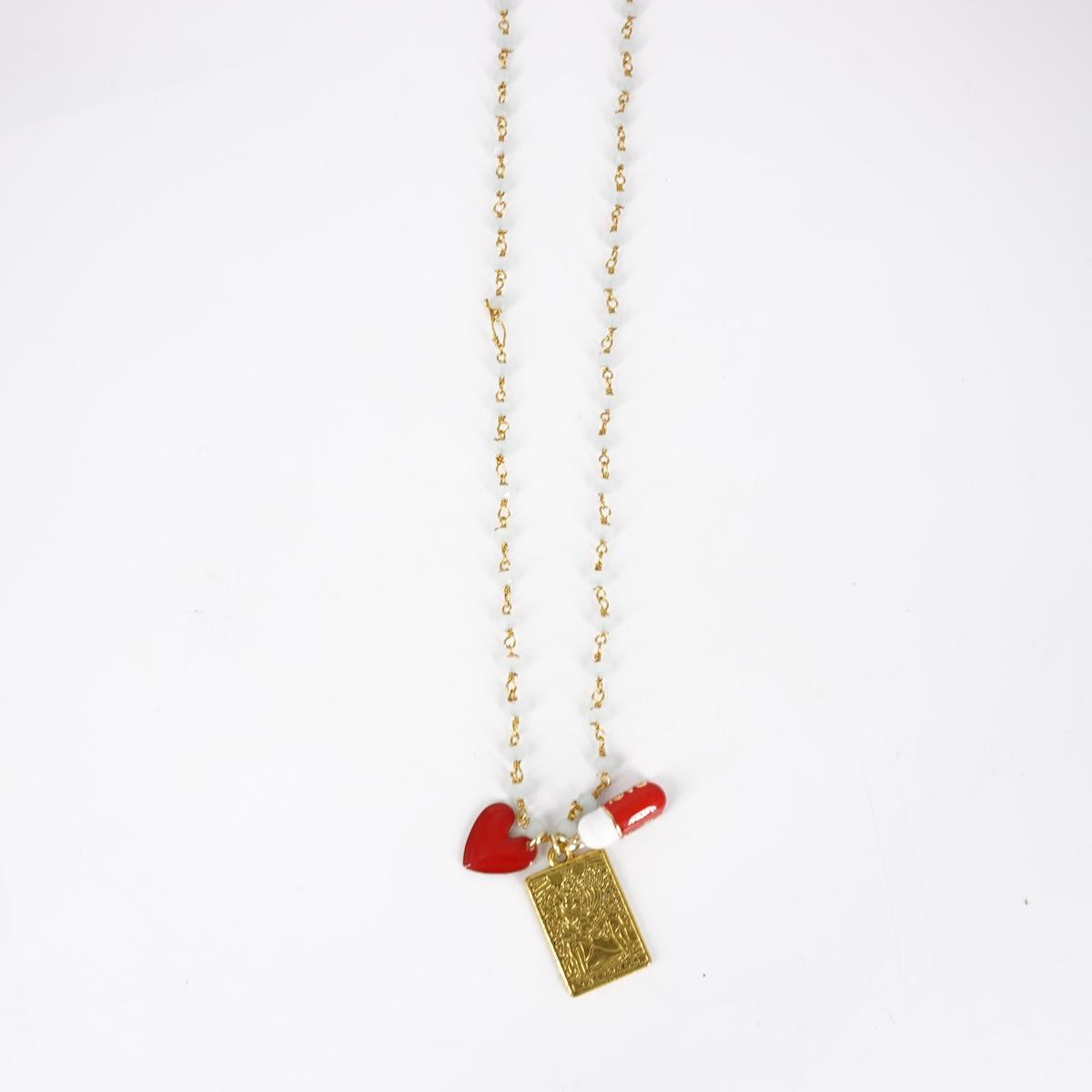 SOPHIE GIOIELLI ROSARIO CORTO TRE CHARMSTAROCCO THE LOVERS CUORE PILLOLA ROSSA