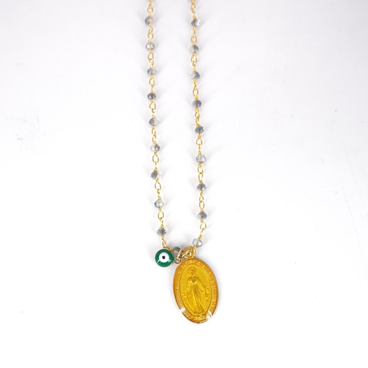 SOPHIE GIOIELLI ROSARIO CORTO DUE CHARMSMADONNINA GIALLA OCCHIO VERDE
