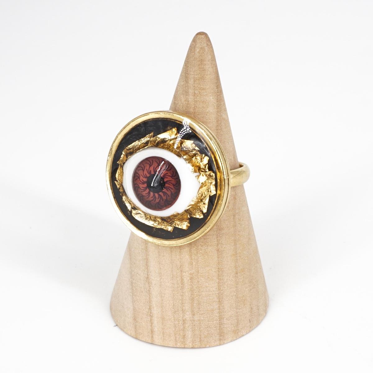 Big Eye Ring Brown Gold Leaf