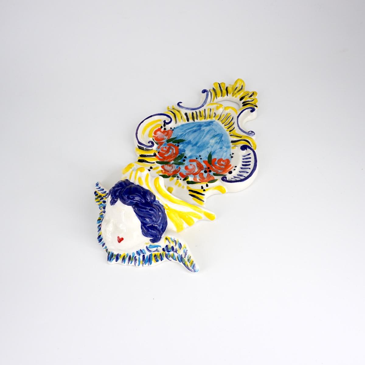 ZENJI CERAMICS ACQUASANTIERA BIG ANGELOGIALLO E BLU CAPELLI BLU E CUORI