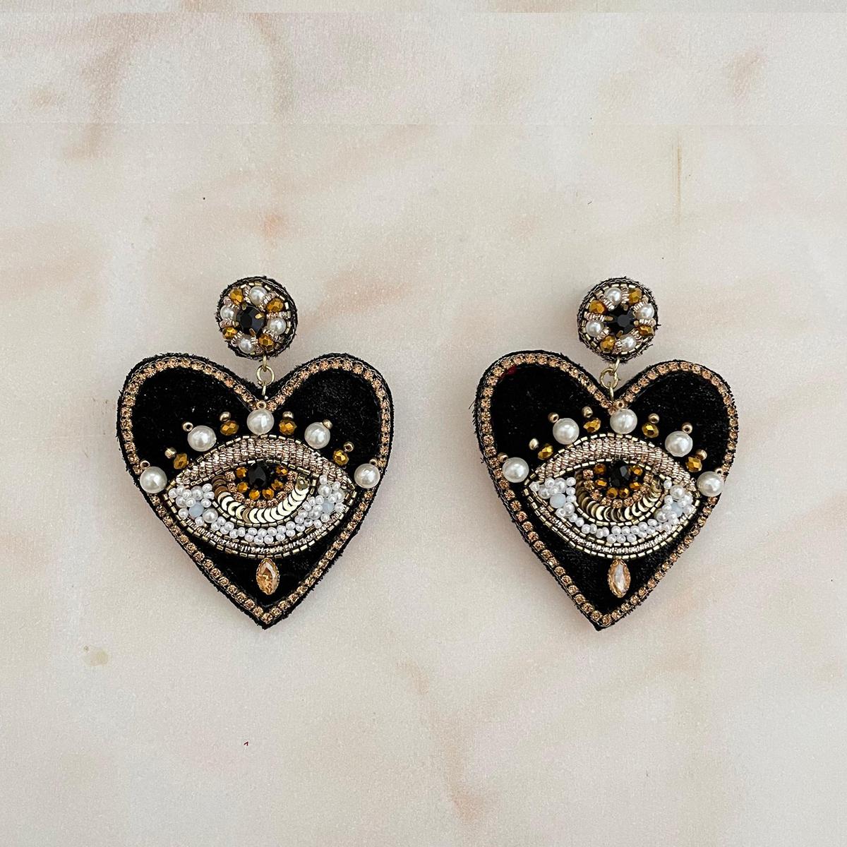 Black Velvet Heart Earrings with Eye