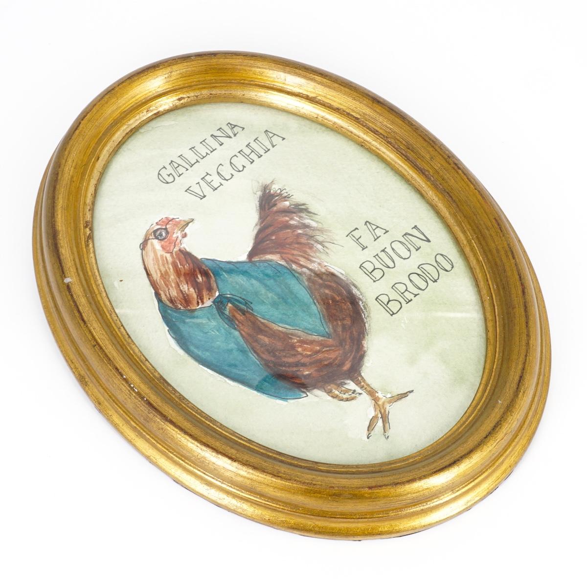 Quadretto GALLINA VECCHIA FA BUON BRODO GALLINA VECCHIA OVALE SFONDO VERDE  CATERINA BERTA