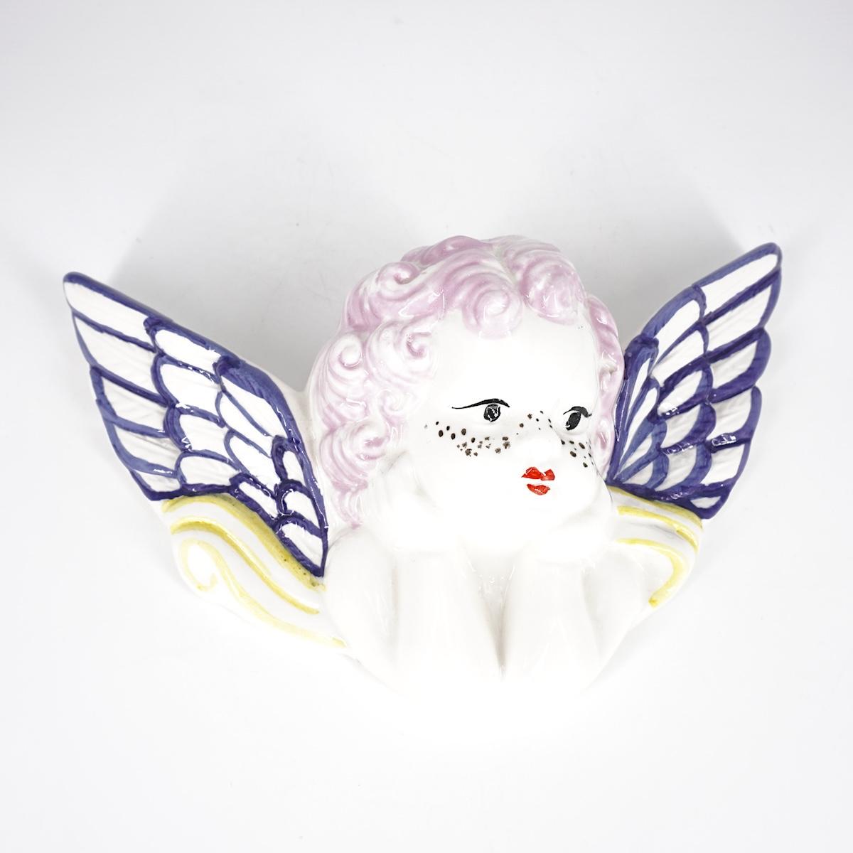 Angioletto linea LENTIGGINI con ali blu ANGELO LINEA CAPELLI ROSA LENTIGGINI ALI BLU ZENJI CERAMICS