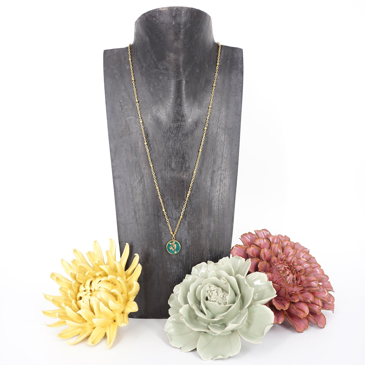 Collana fiori bottone catena Verde Scuro COLLANA BOTTONE CATENA VERDE SCURO ANNA FADDA 