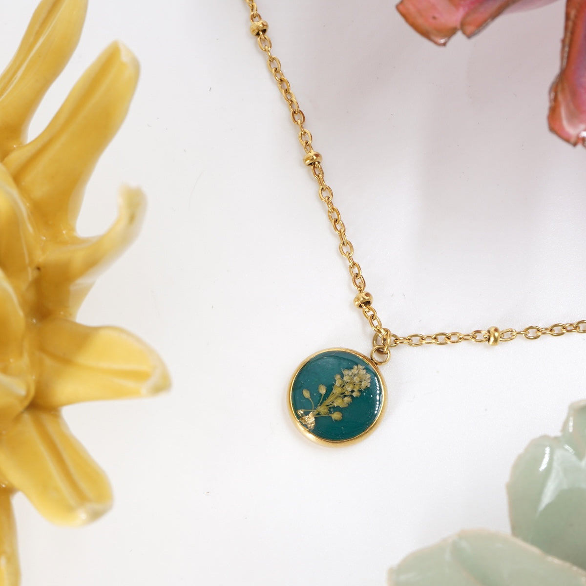 Collana fiori bottone catena Verde Scuro COLLANA BOTTONE CATENA VERDE SCURO ANNA FADDA 