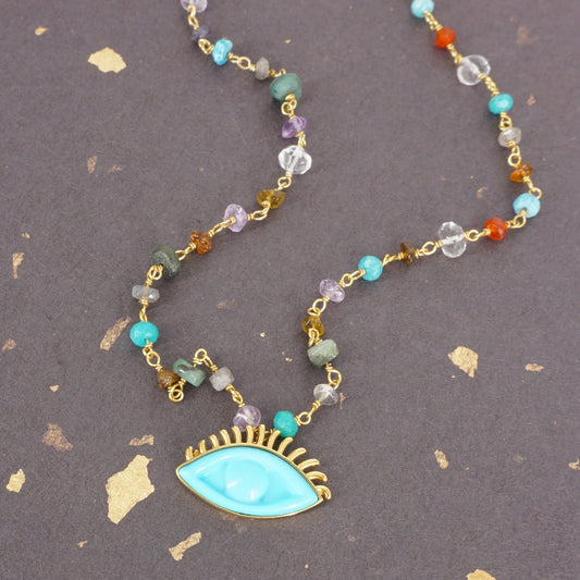 ROSARIO MULTICOLOR OCCHIO CON CIGLIA AZZURRO COLLANA ROSARIO MULTICOLOR OCCHIO AZZURRO ARTEON 