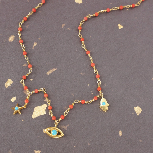 ROSARIO IN CORALLO LUCKY CHARMS COLLANA ROSARIO ROSSO 3 CHARM PIETRE AZZURRE ARTEON 