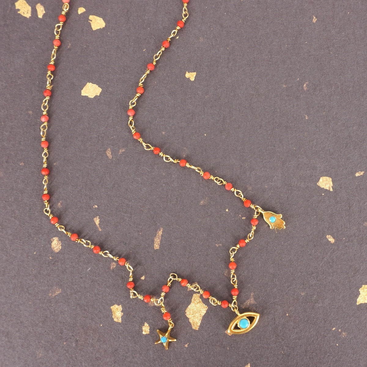 ROSARIO IN CORALLO LUCKY CHARMS COLLANA ROSARIO ROSSO 3 CHARM PIETRE AZZURRE ARTEON 