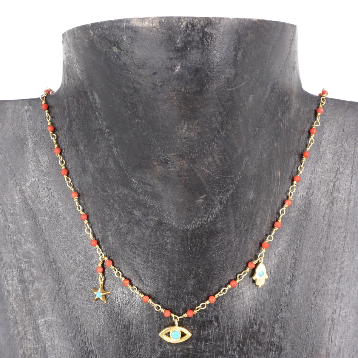 ROSARIO IN CORALLO LUCKY CHARMS COLLANA ROSARIO ROSSO 3 CHARM PIETRE AZZURRE ARTEON 