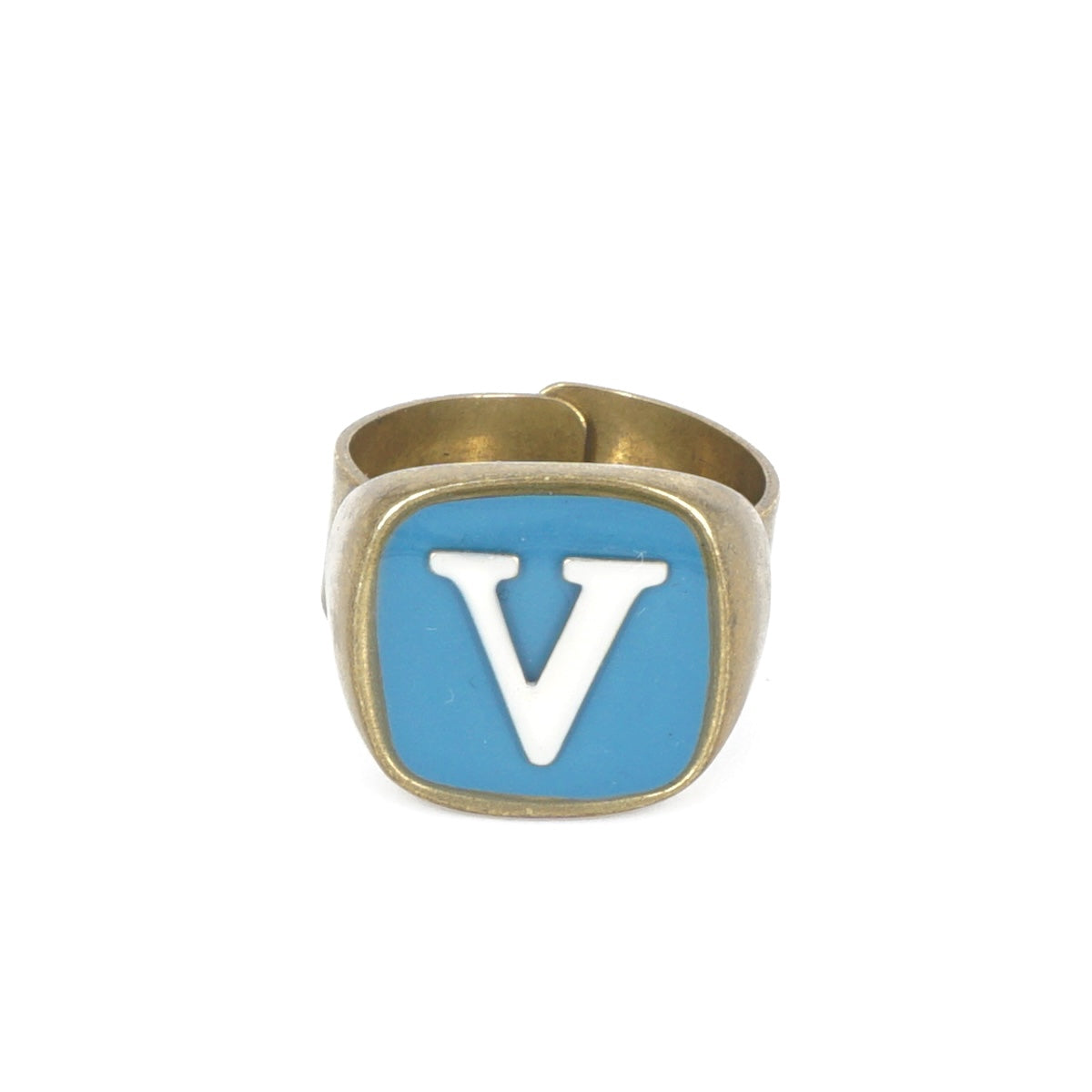 ANELLO LETTERA V AZZURRO E BIANCO ANELLO LETTERA V AZZURRO E BIANCO UNIQUE UNCONVENTIONAL DETAILS 