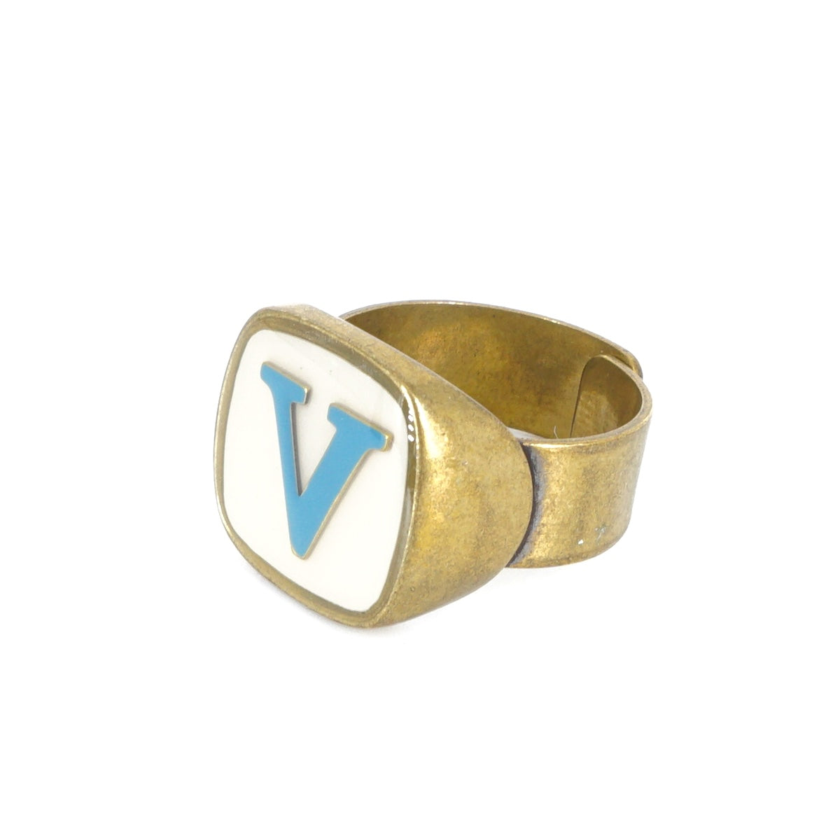 ANELLO LETTERA V BIANCO E AZZURRO ANELLO LETTERA V BIANCO E AZZURRO UNIQUE UNCONVENTIONAL DETAILS 