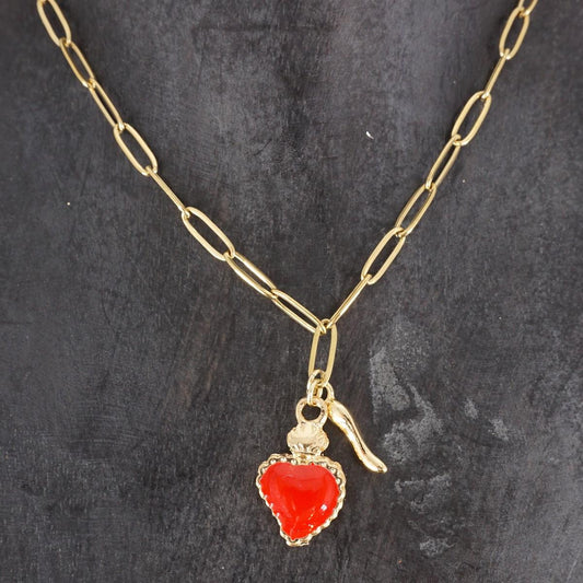COLLANA CATENA CON EX VOTO ROSSO E CORNETTO