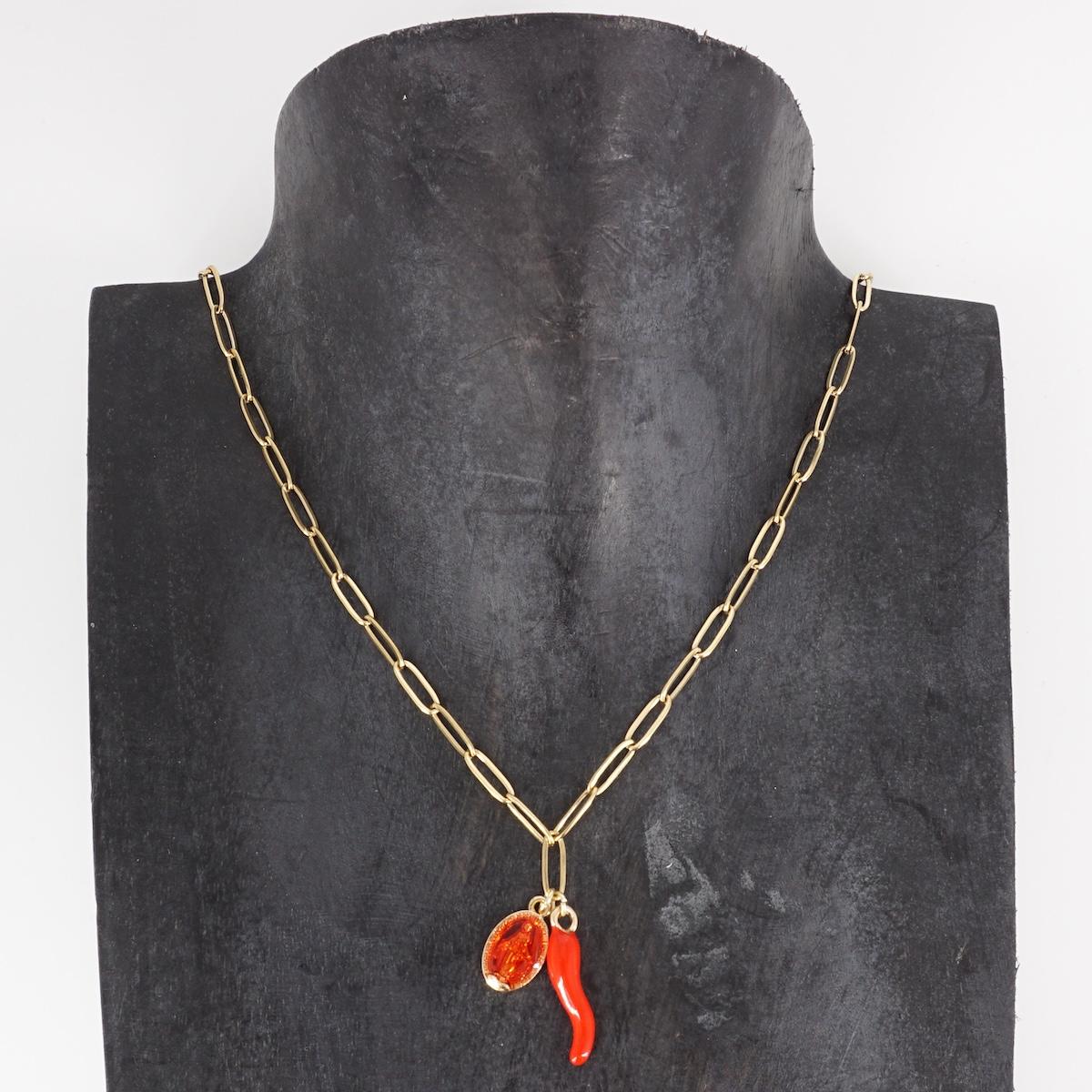 COLLANA CATENA CON CORNETTO ROSSO E MADONNINA ROSSA