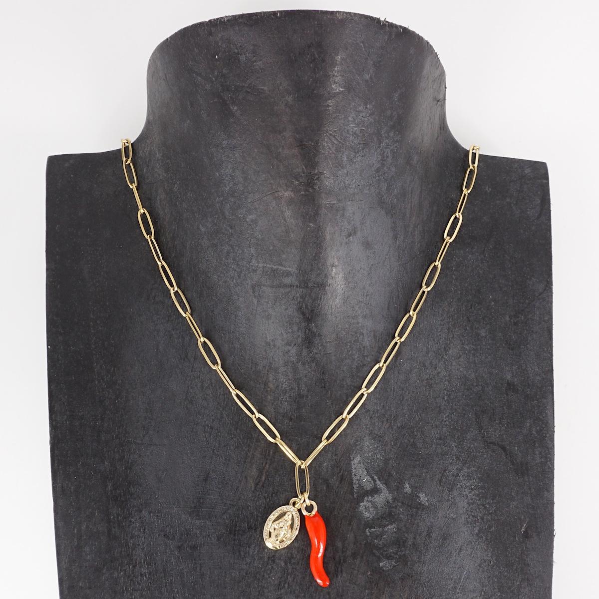 COLLANA CATENA CON CORNETTO ROSSO E MADONNINA ORO