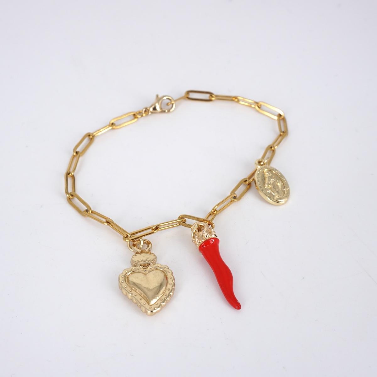 Bracciale TRE CHARMS cornetto con corona rosso