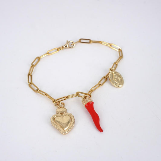 Bracciale TRE CHARMS cornetto con corona rosso