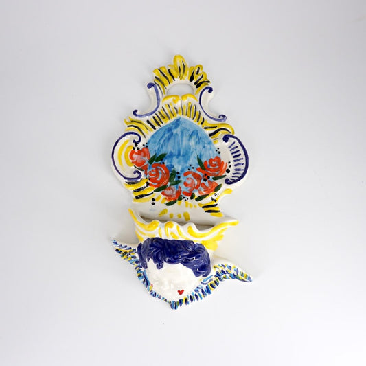 ZENJI CERAMICS ACQUASANTIERA BIG ANGELOGIALLO E BLU CAPELLI BLU E CUORI