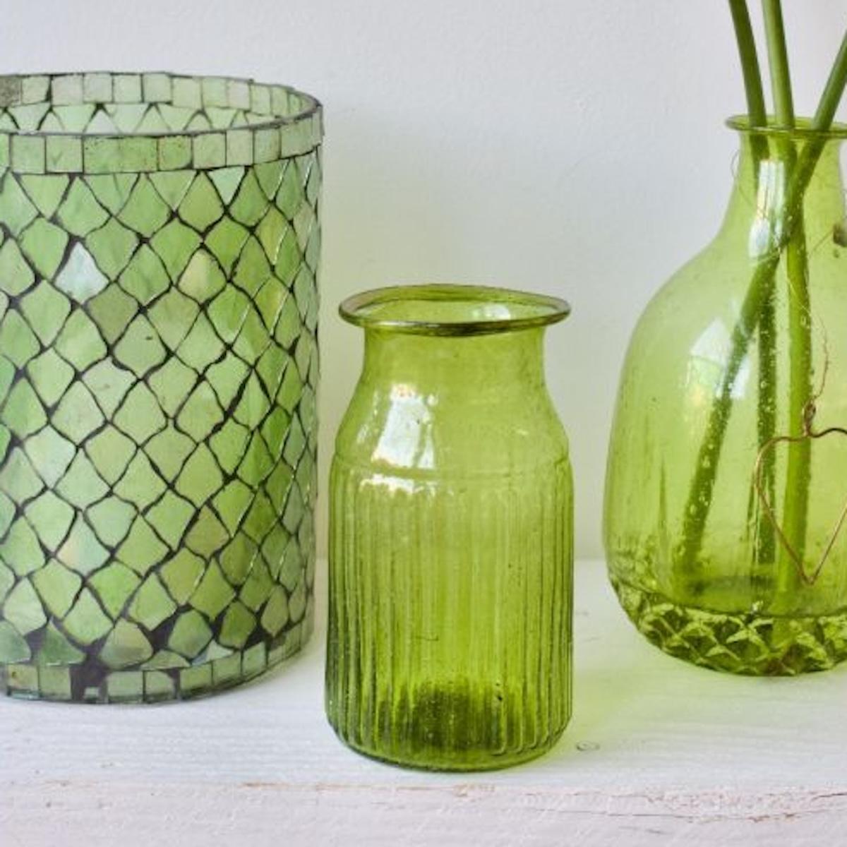 Vasetto in vetro CILINDRO RIGHE E POIS VERDE