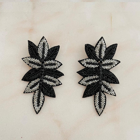 Black and silver two-tone leaf earrings