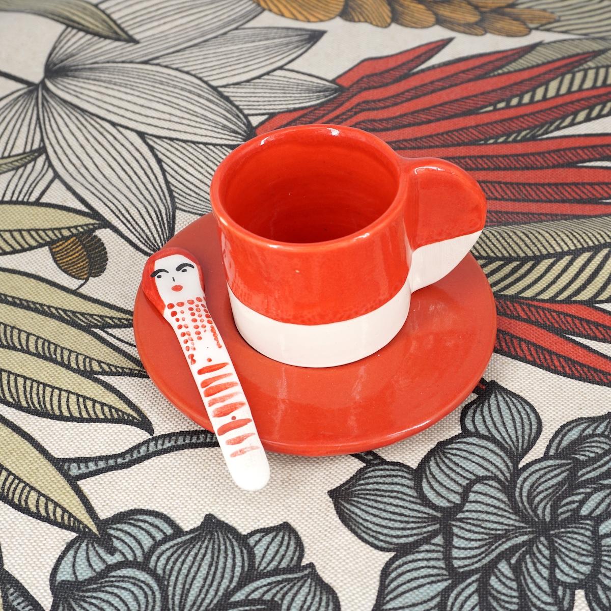 NICOLE TAZZINA CAFFÈCON PIATTINO BICOLORE BIANCO E ROSSO