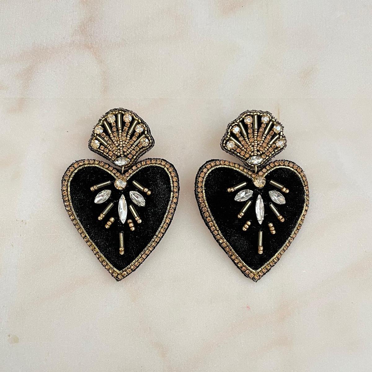 Large Black Velvet Heart Earrings