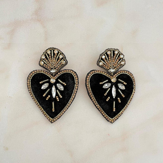 Large Black Velvet Heart Earrings