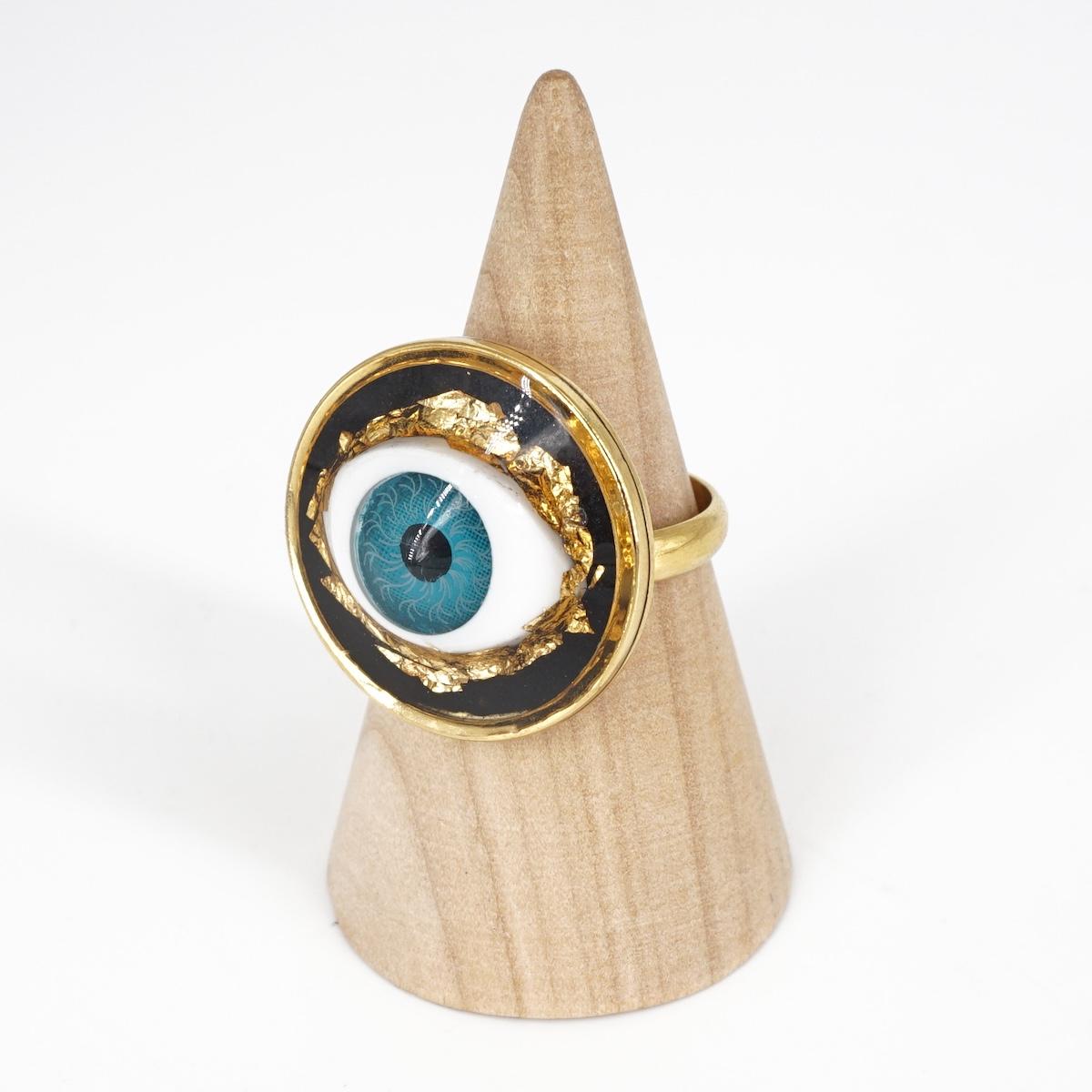 Anello occhio big FFOGLIA D'ORO AZZURRO SCURO