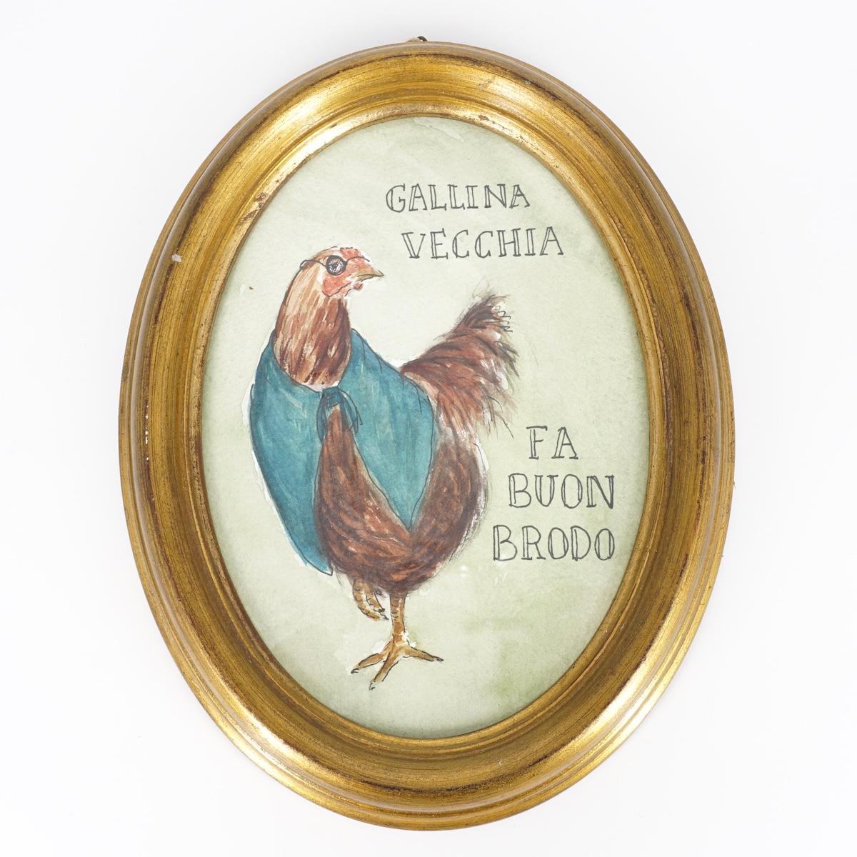 Quadretto GALLINA VECCHIA FA BUON BRODO GALLINA VECCHIA OVALE SFONDO VERDE  CATERINA BERTA 