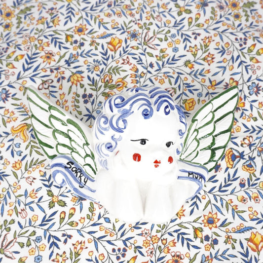 Angioletto linea SORRY MUM con ali verdi ANGELO LINEA CAPELLI BLU SORRY MUMALI VERDI ZENJI CERAMICS 
