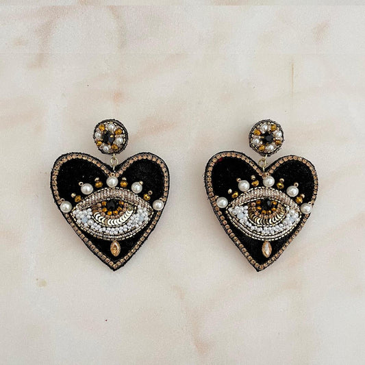 Black Velvet Heart Earrings with Eye