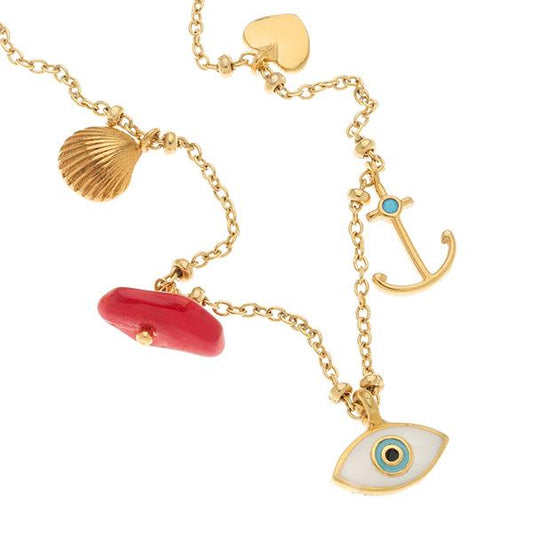 Collana catenina dorata MULTICHARMS CORALLO COLLANA CATENINA DORATA MULTICHARM CORALLO OCCHIETTO ARTEON 