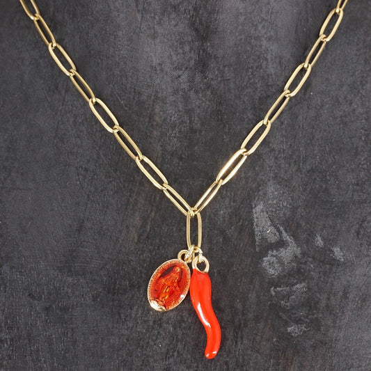 COLLANA CATENA CON CORNETTO ROSSO E MADONNINA ROSSA