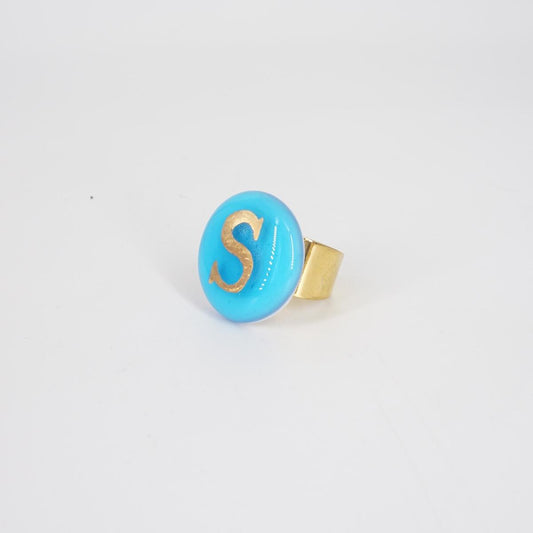VETRO FUSO ANELLO LETTERAS AZZURRO