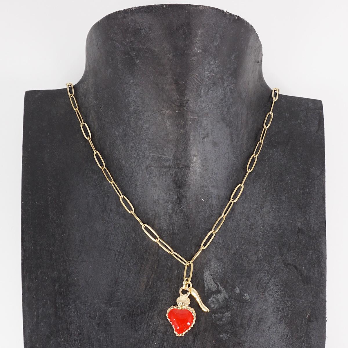 COLLANA CATENA CON EX VOTO ROSSO E CORNETTO