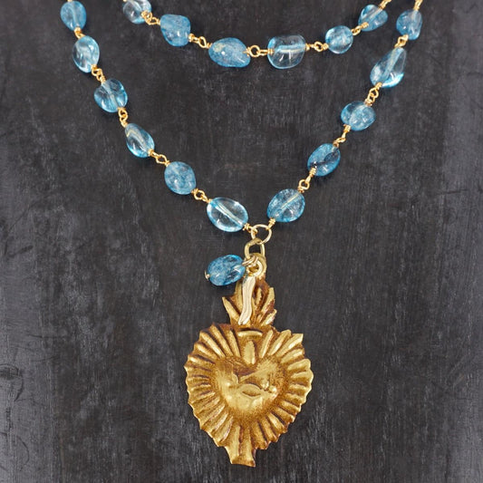 Rosario lungo con EX VOTO e pietre AZZURRE ROSARIO LUNGO EXVOTO AZZURRO GOI 