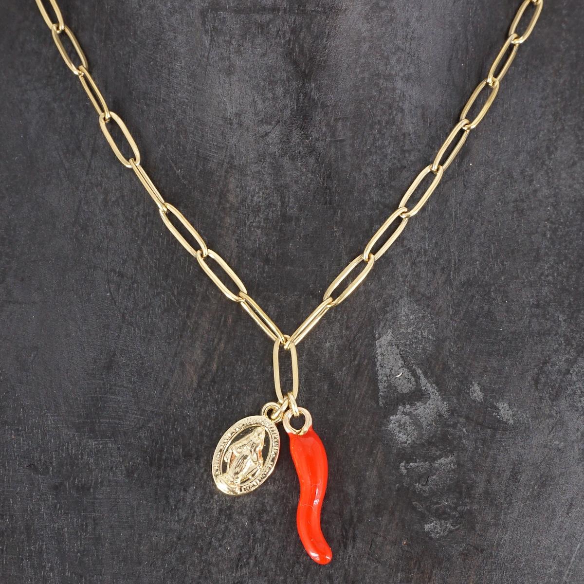 COLLANA CATENA CON CORNETTO ROSSO E MADONNINA ORO