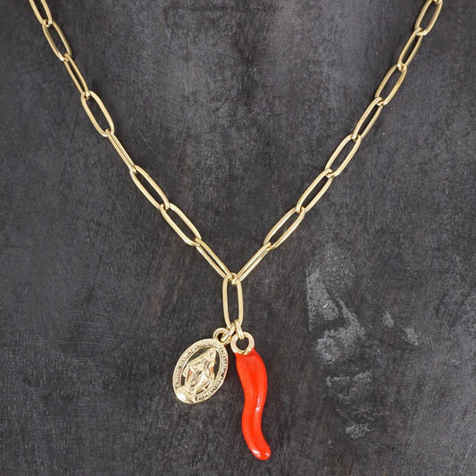 COLLANA CATENA CON CORNETTO ROSSO E MADONNINA ORO