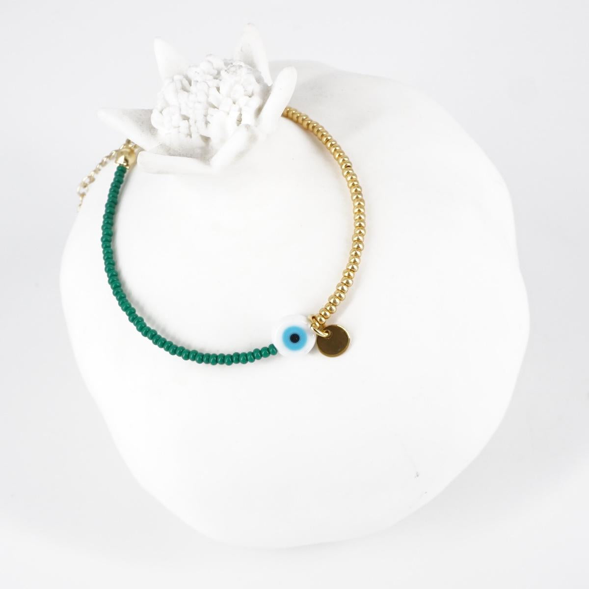 BRACCIALE OCCHIO PERLINE ORO E VERDE BRACCIALE OCCHIO PERLINE VERDE E ORO SOPHIE GIOIELLI 