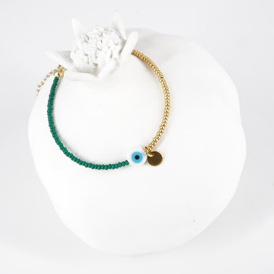 BRACCIALE OCCHIO PERLINE ORO E VERDE BRACCIALE OCCHIO PERLINE VERDE E ORO SOPHIE GIOIELLI 