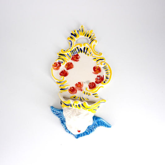ZENJI CERAMICS ACQUASANTIERA BIG ANGELOGIALLO E BIANCO CAPELLI BIANCHI E CUORI