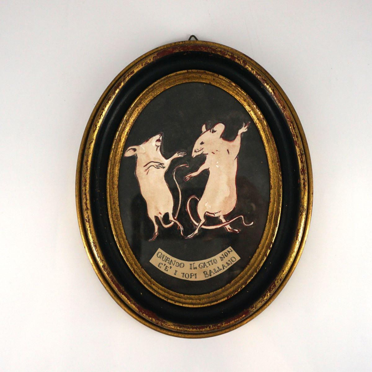 Quadretto QUANDO IL GATTO NON C'E' I TOPI BALLANO ORO/NERO QUANDO IL GATTO NON CÈ CORNICE ORO/NERA  CATERINA BERTA 